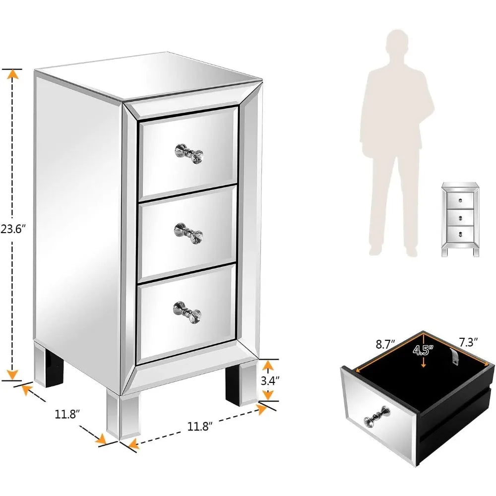 Mirrored Nightstand Set Of 2 With 3 Drawers For Bedroom