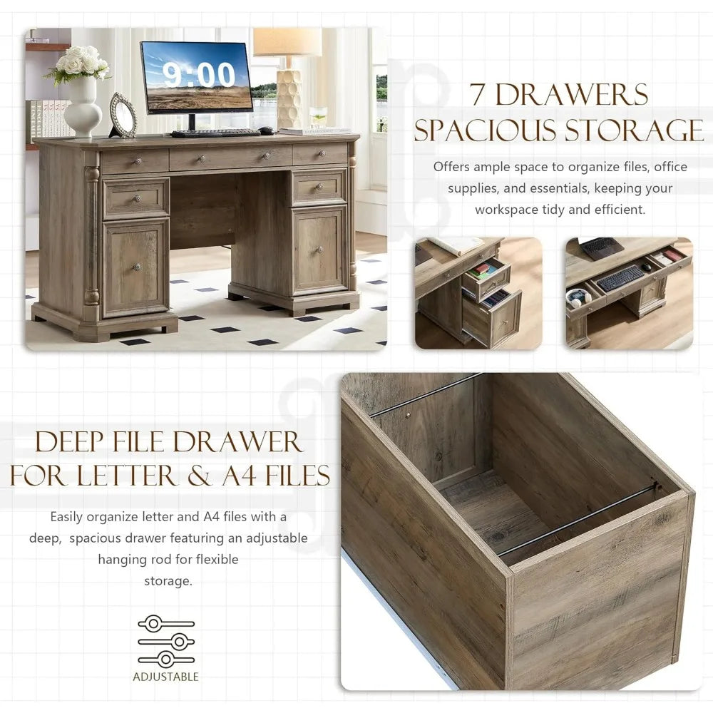 RBXC Wood Executive Desk With 7 Drawers Farmhouse Office