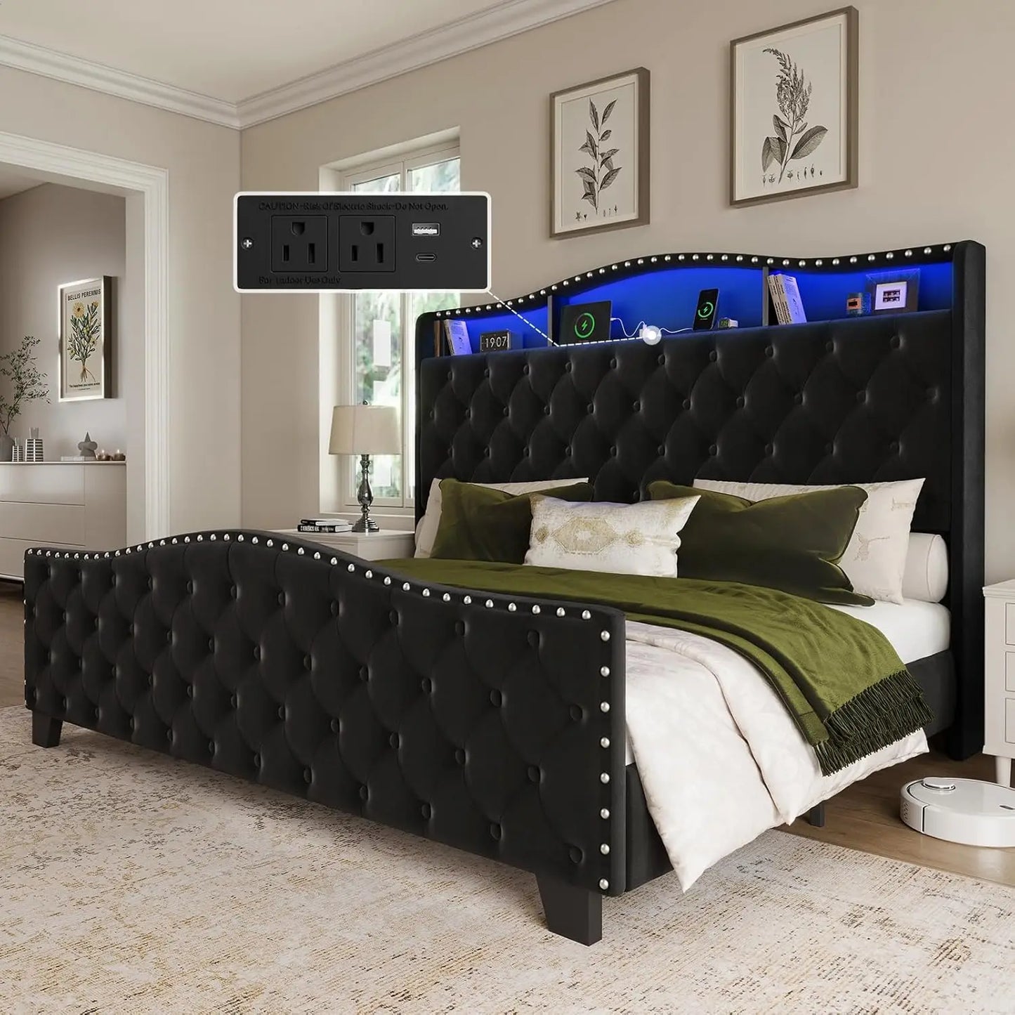 Velvet Wingback Bed Frame Tufted Footboard Squeak Resistant