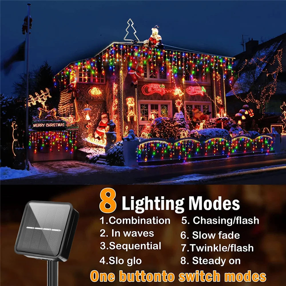 WELPUR Solar Icicle Curtain Lights 8 Modes Christmas