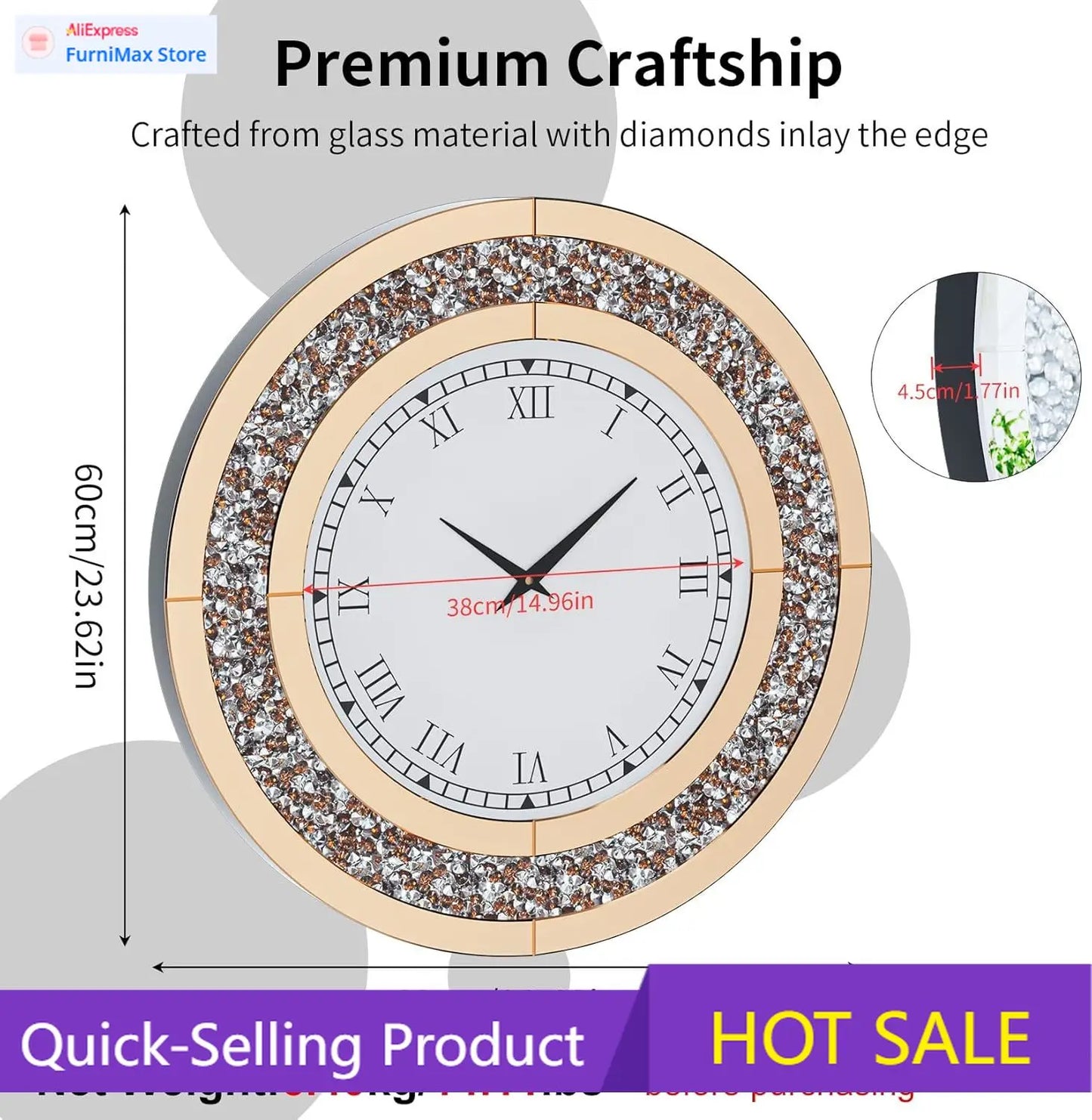 Crushed Diamond Round Mirrored Wall Clock Decorative Home Accent