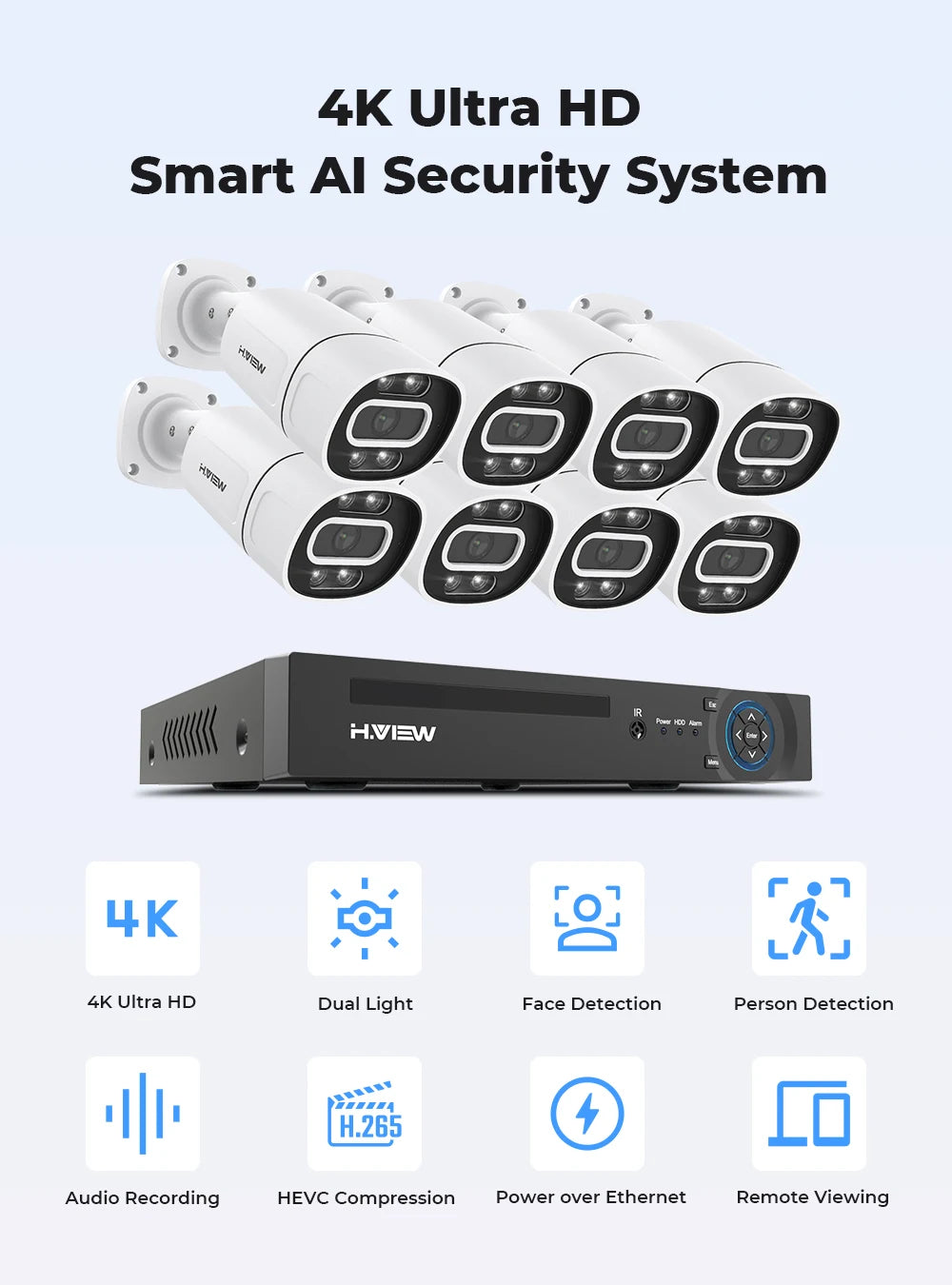 H.VIEW 4K 5MP 8MP PoE CCTV Security Camera System Kit