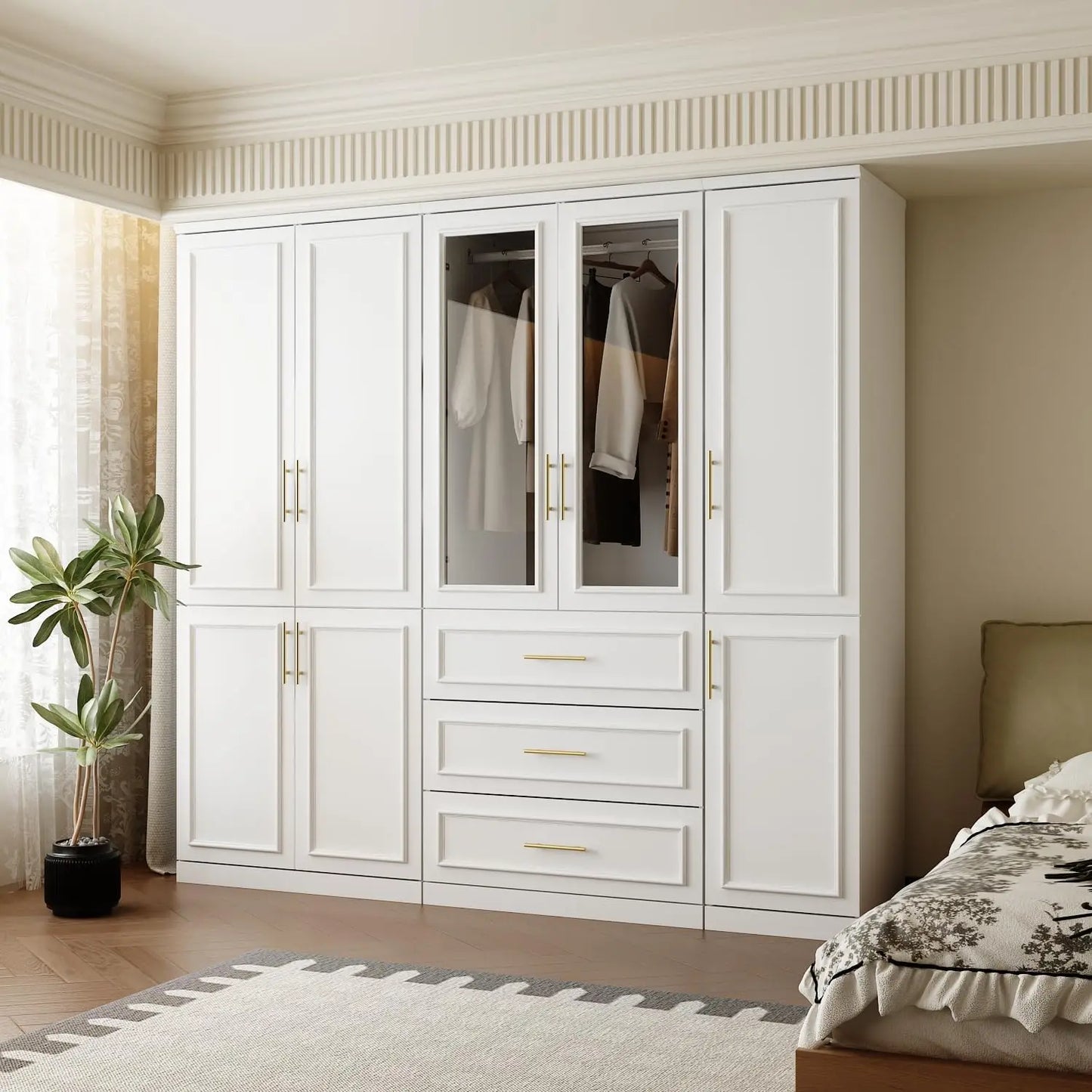 Wardrobe Closet With Doors Modern Armoire Gold Handles