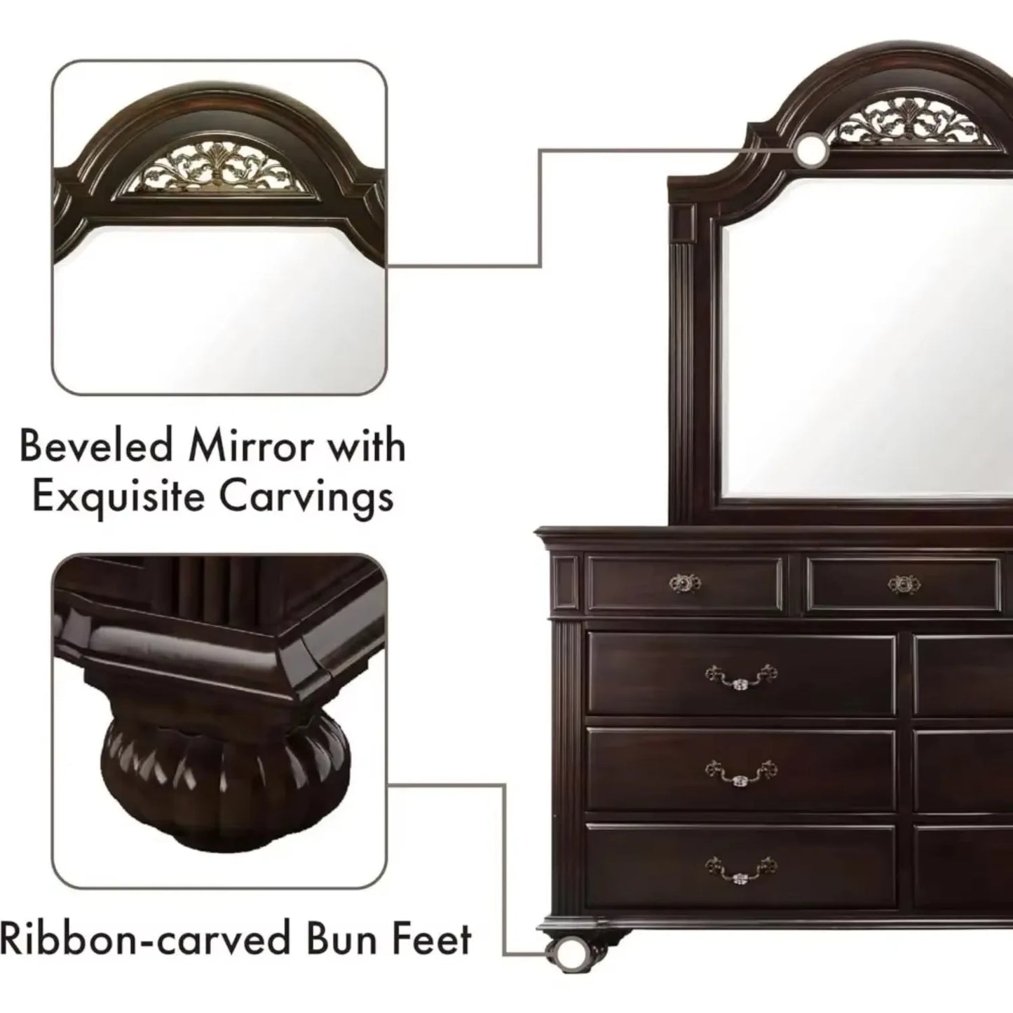 Solid Wood 6-Piece Bedroom Set With Chest And Mirrored Dresser