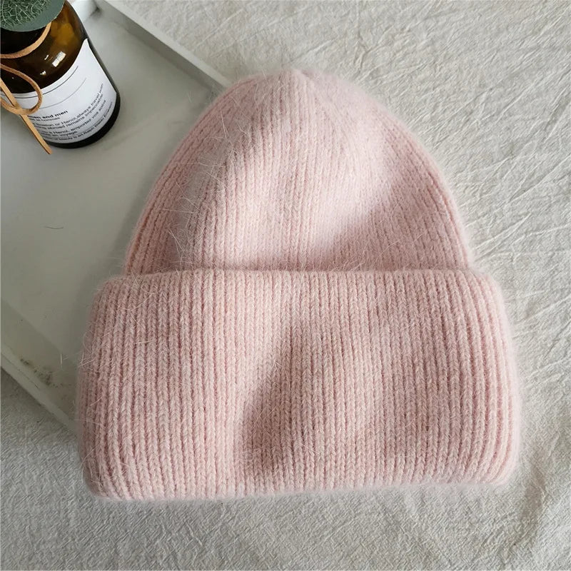 Warm Cashmere Wool Beanie With Rabbit Fur For Women Outdoor