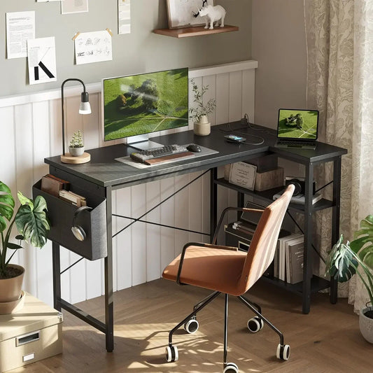 XMSJ L Shaped Desk With Power Outlets And Reversible Shelves