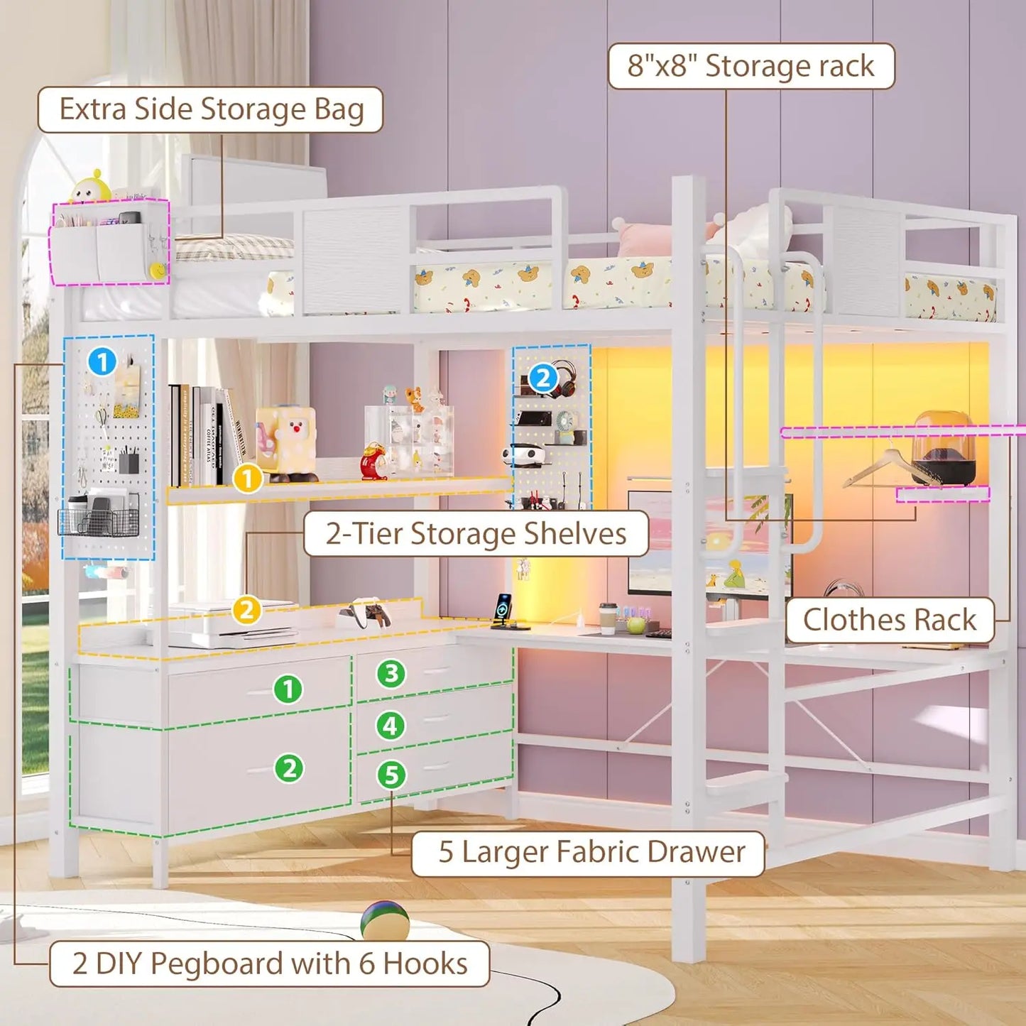 Loft Bed Desk With 5 Drawers Heavy Metal Charging Station and Pegboard