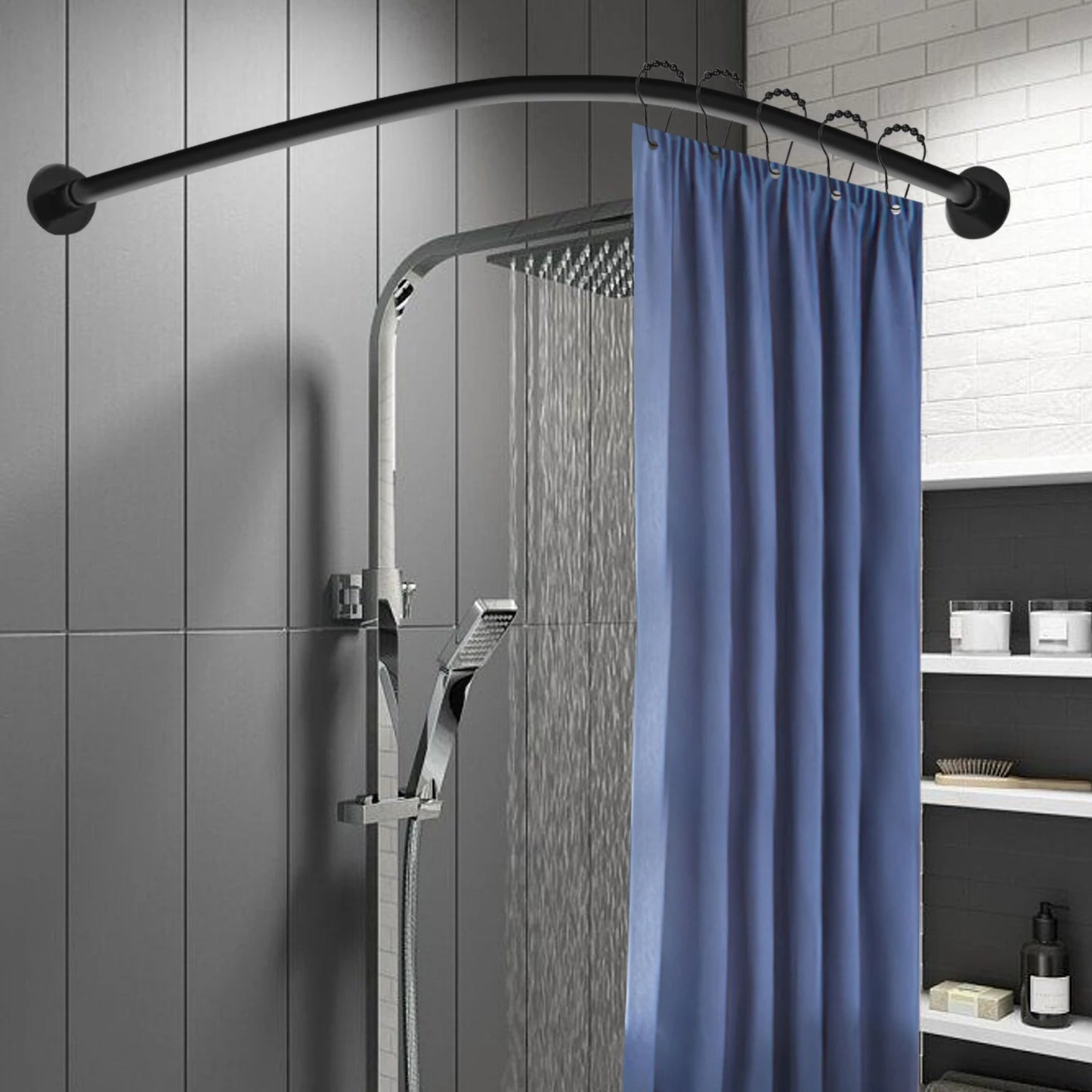 Stainless Steel L Shape Telescopic Shower Curtain Rail No Drilling With Rings