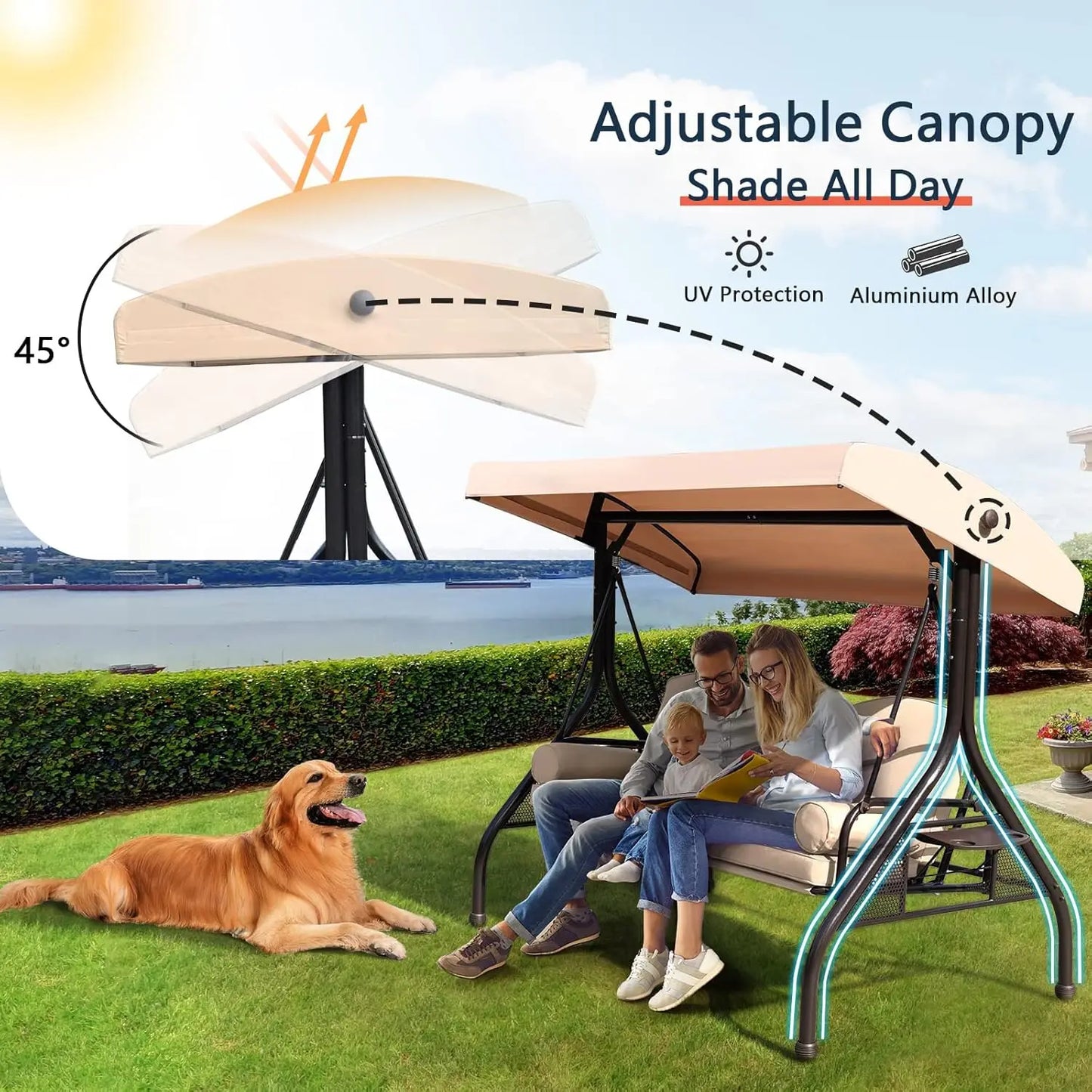 XMSJ Patio 3 Seat Outdoor Swing With Adjustable Canopy