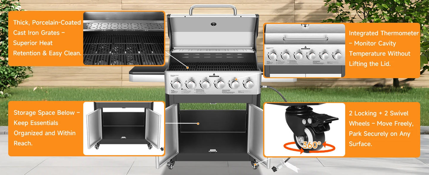 Six Burner Propane Gas Grill With Cabinet And Warming Rack