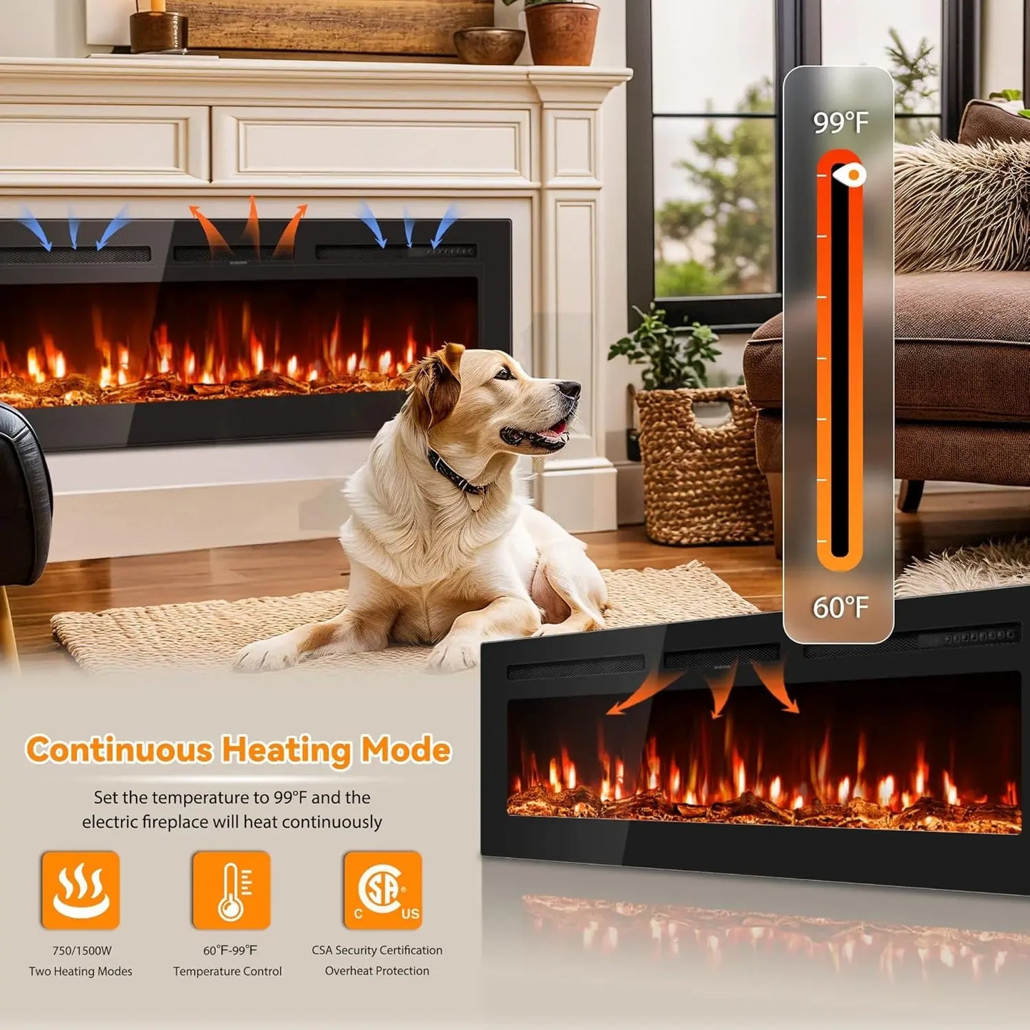 In-Wall Electric Fireplace With Remote Control 1500 750W Heater