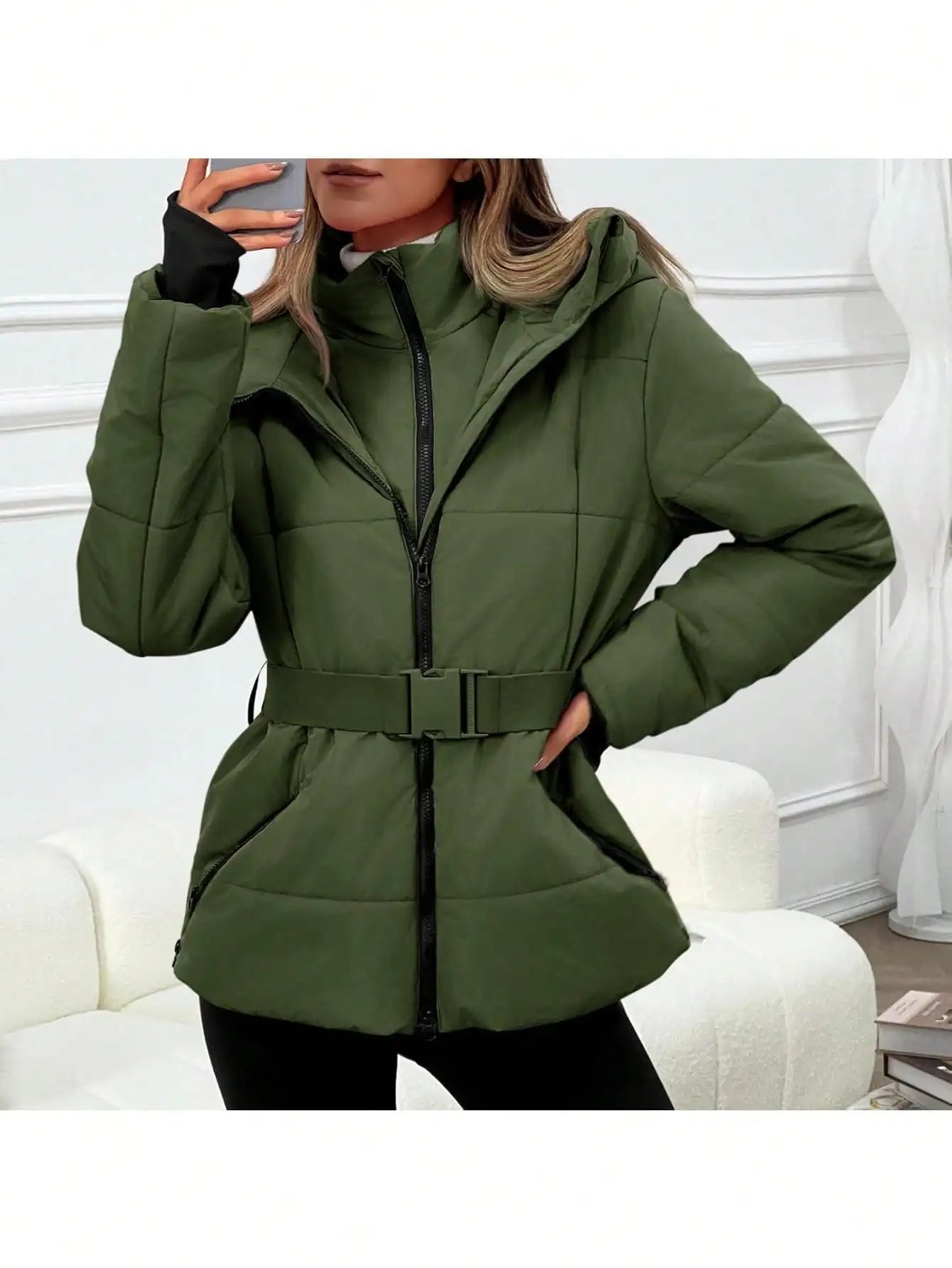 Fisoew Women's Belted Puffer Jacket Waterproof Hooded Coat
