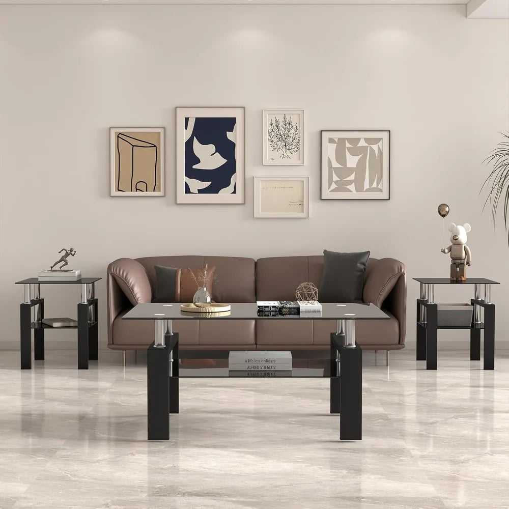 Tempered Glass Coffee Table Set Of 3 Metal Frame Tables