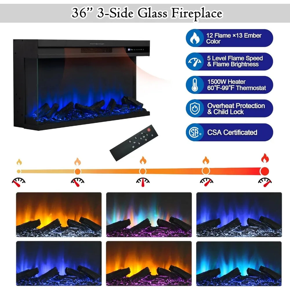 XMSJ 3 Sided Fireplace TV Stand With Electric Fireplace Farmhouse Console