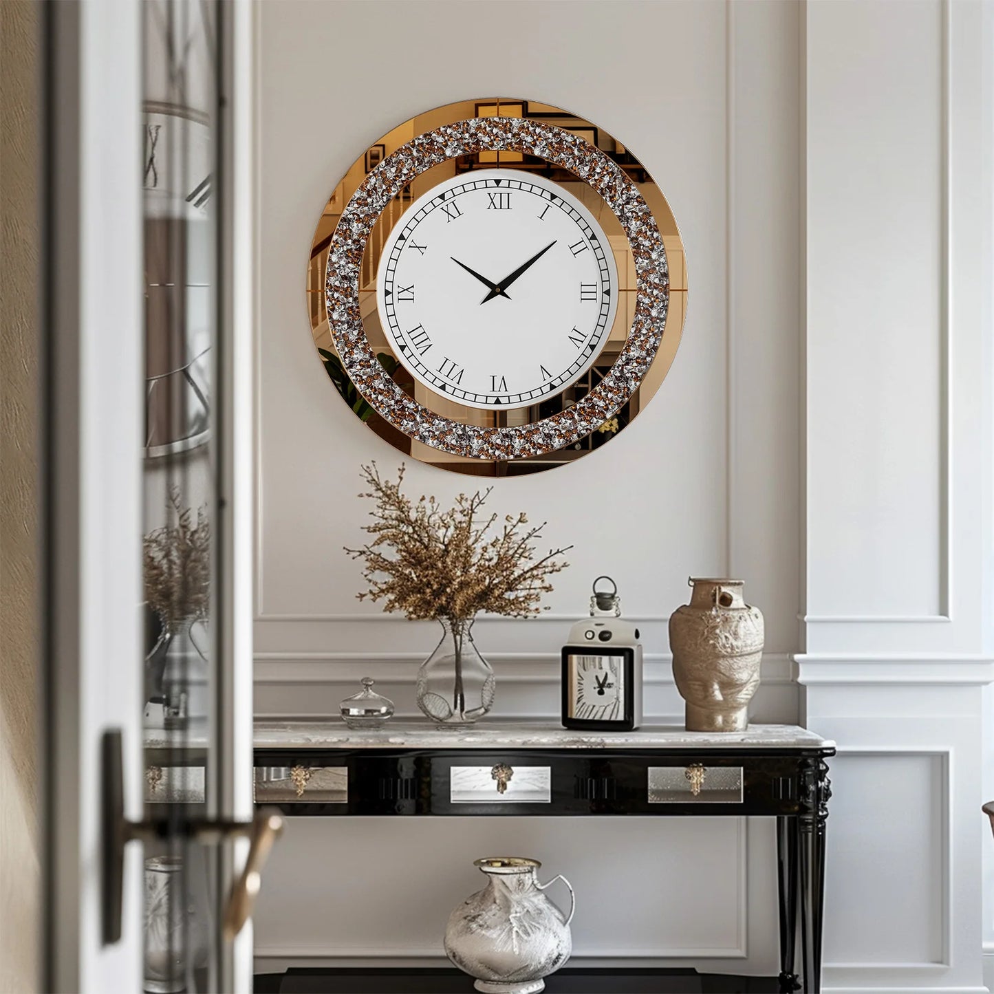 Round Mirrored Wall Clock With Crystal Sparkle Diamond Accents For Living Room