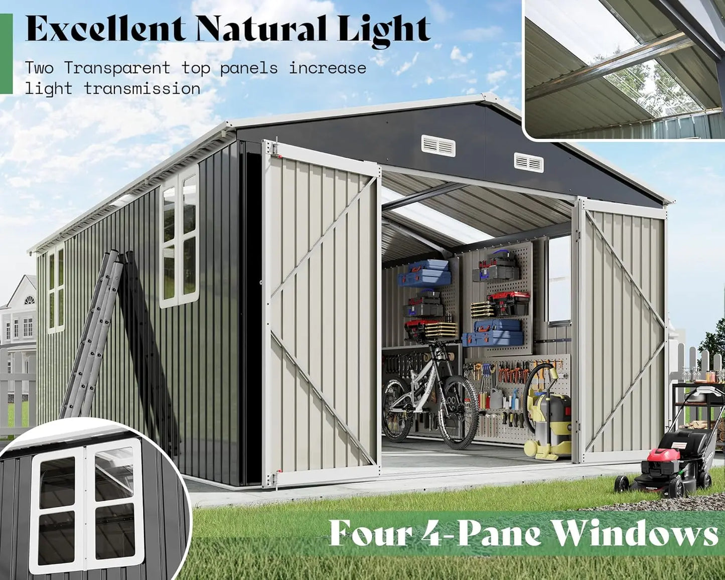 XMSJ Metal Storage Shed With Hinged Doors And Windows