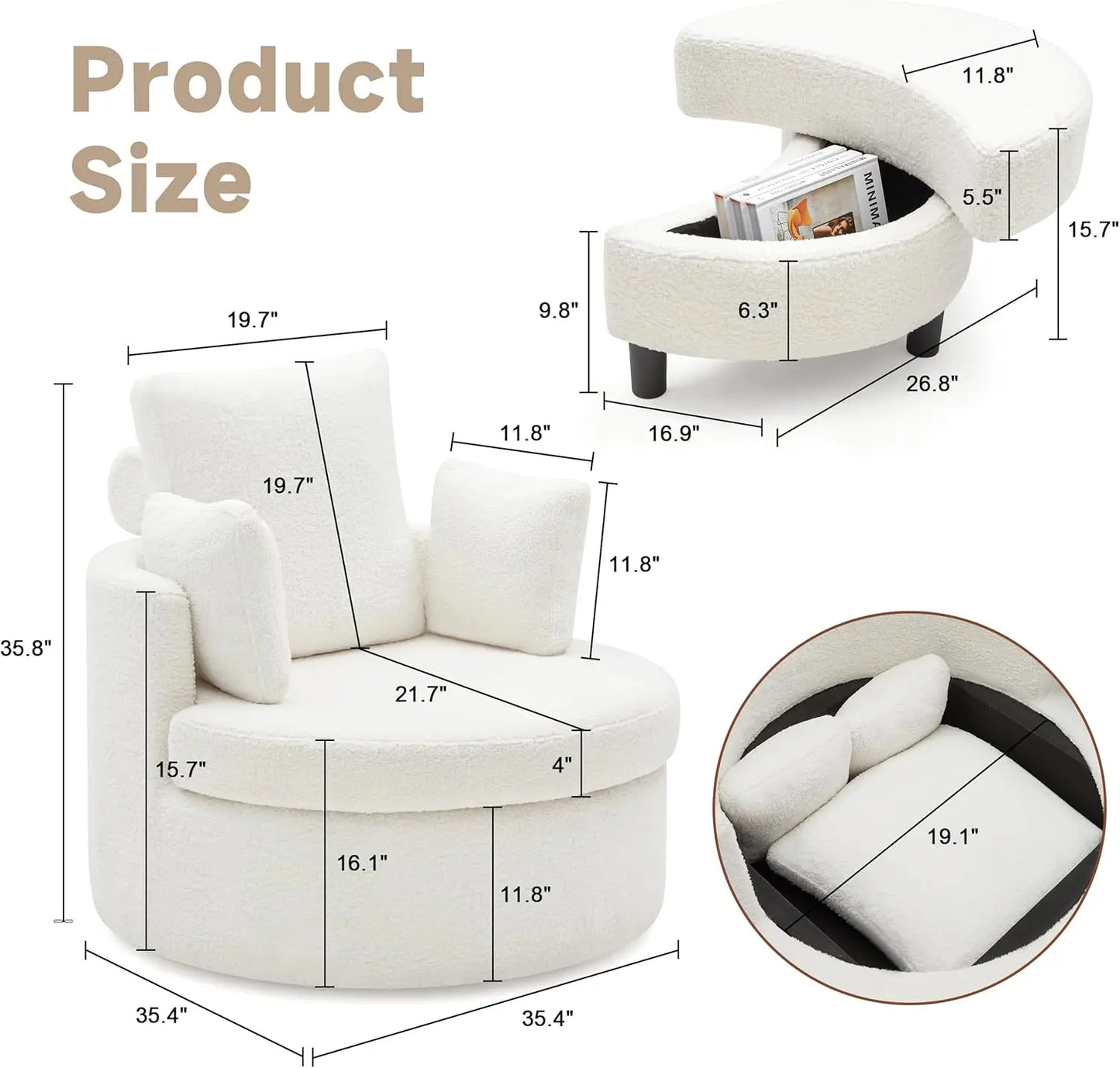 XMSJ Swivel Chair With Half Moon Storage Ottoman