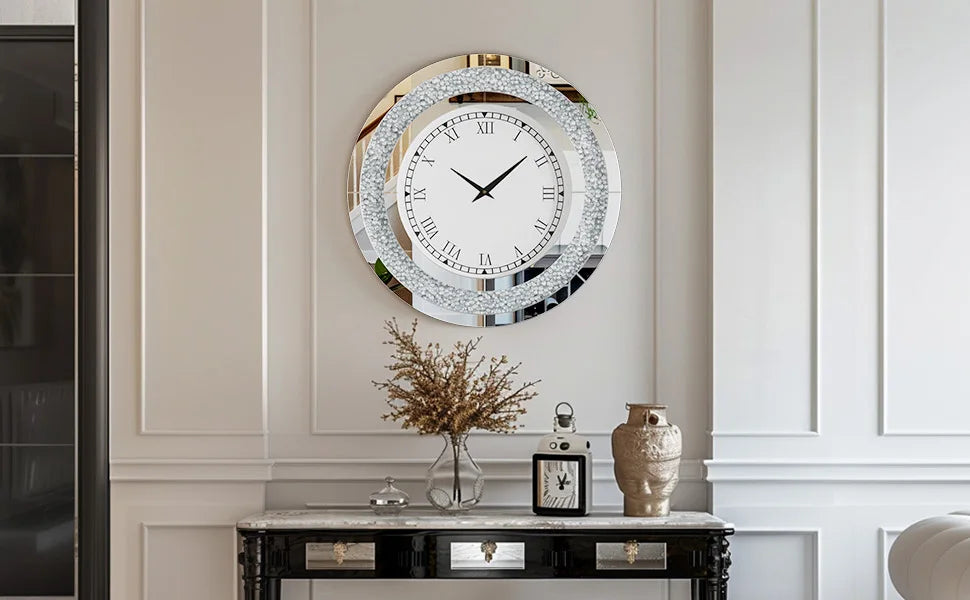Round Mirrored Wall Clock With Crystal Sparkle Diamond Accents For Living Room