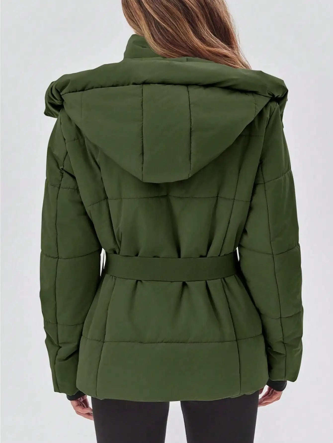 Fisoew Women's Belted Puffer Jacket Waterproof Hooded Coat