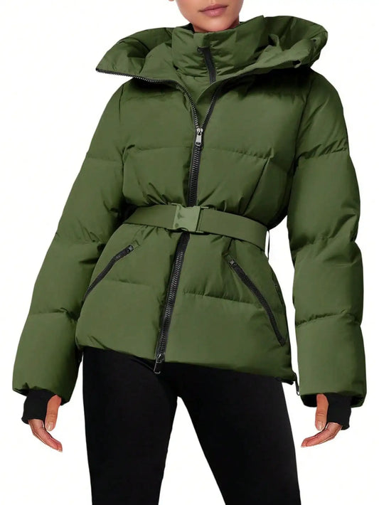 Fisoew Women's Belted Puffer Jacket Waterproof Hooded Coat
