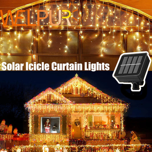 Welpur Solar Icicle Curtain Lights Waterproof 8 Modes