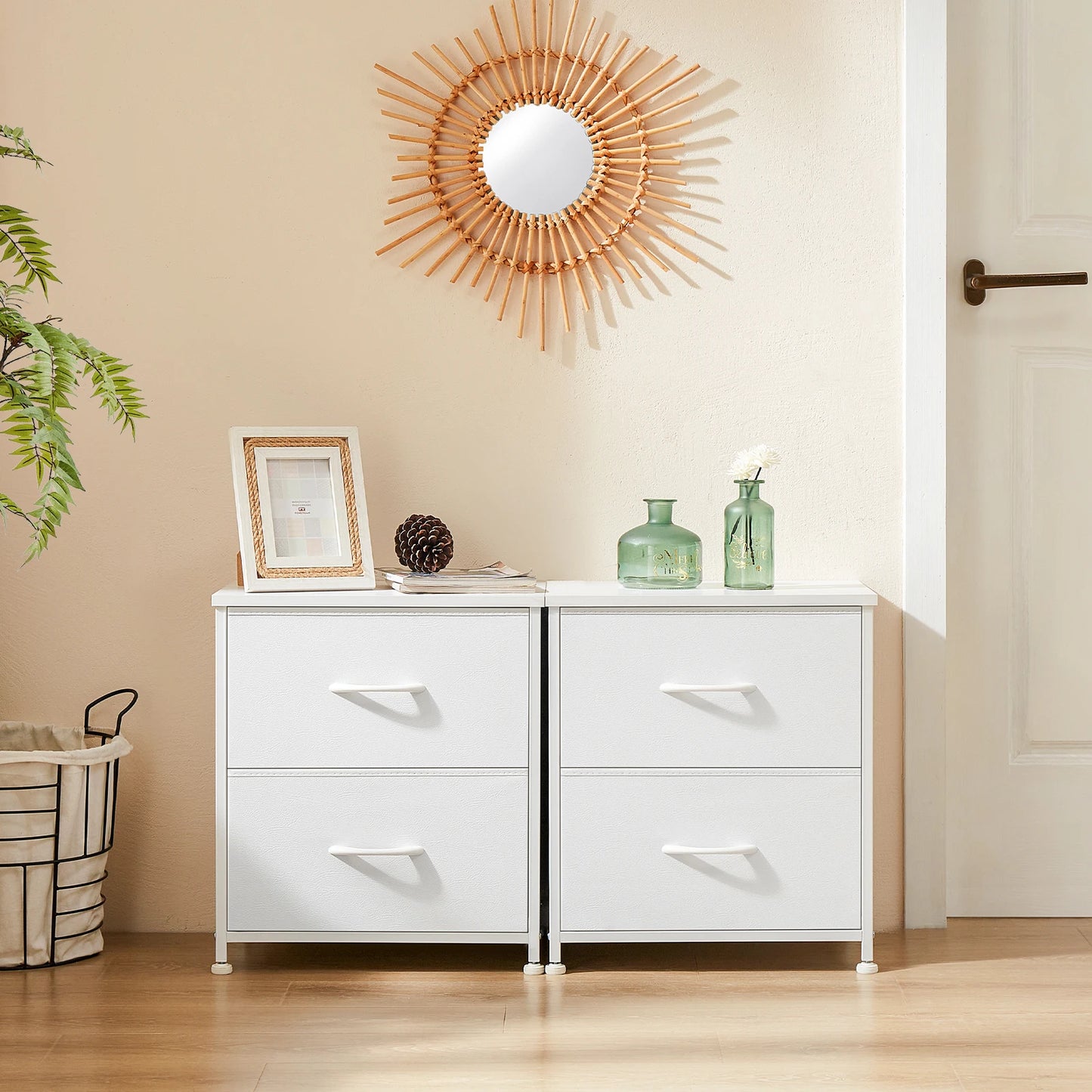 JHK Nightstand Bedside Table With Fabric Drawers Storage Cabinet