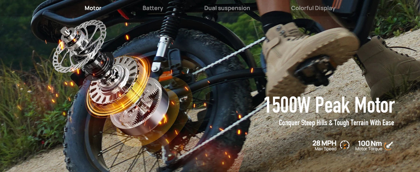URLIFE T2 1500W EBike 48V 15.6Ah Battery 28 MPH Range Fat Tire