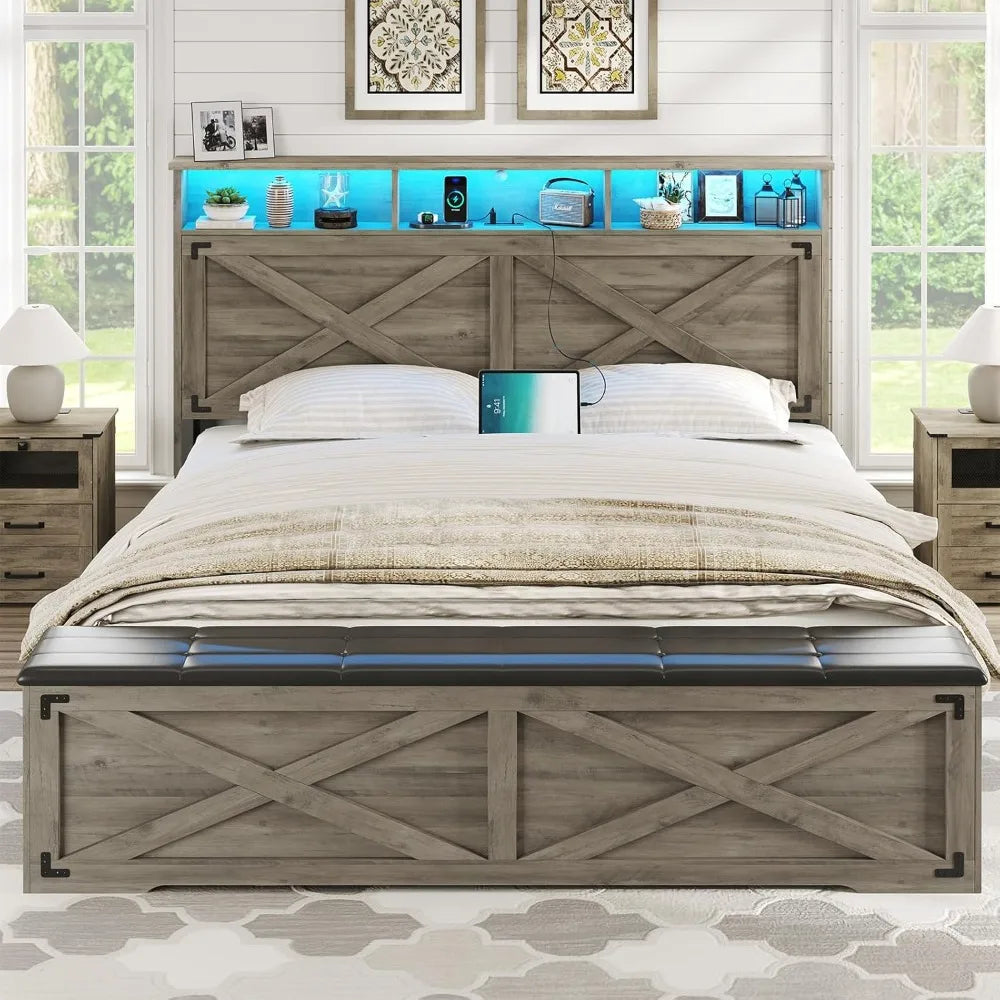 Angduo Farmhouse Bed Frame With Storage And Led Lights