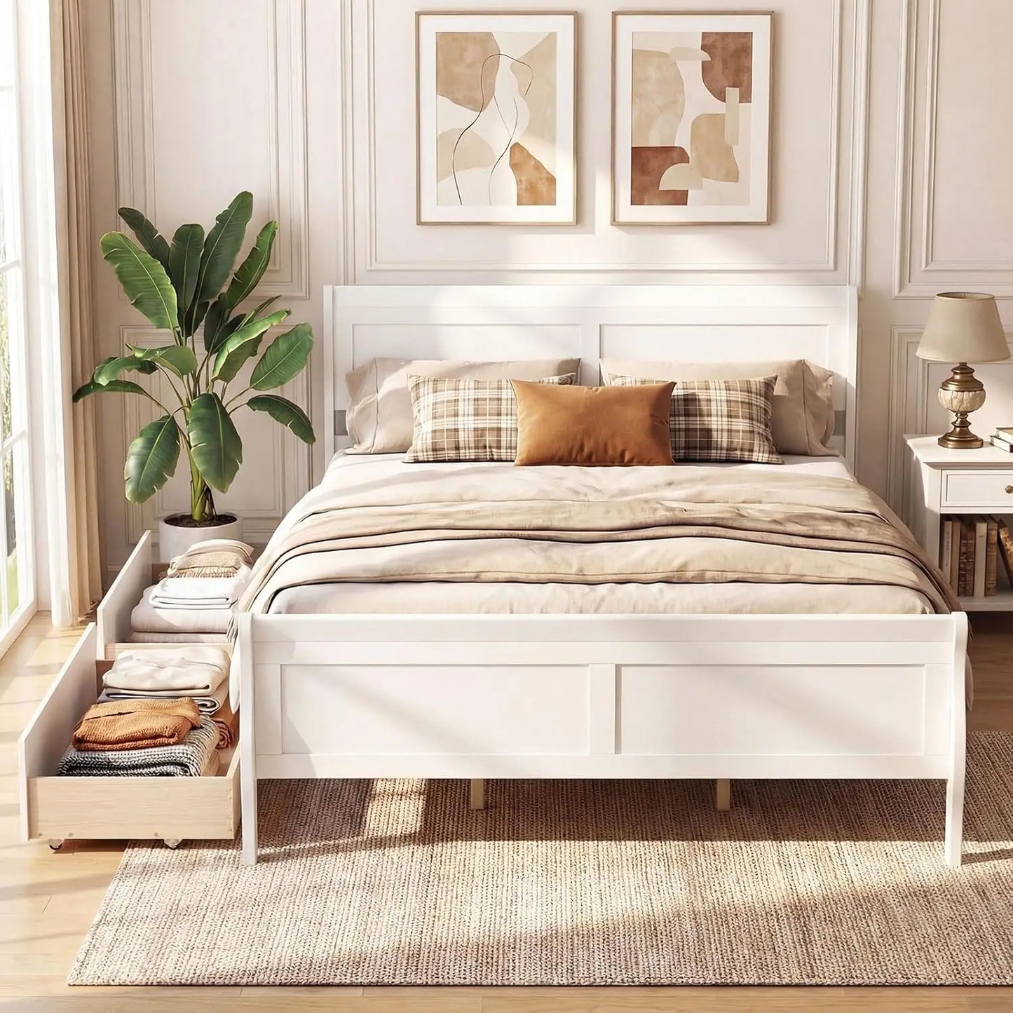 Queen Storage Bed Frame With Wood Headboard Footboard Drawers Slats