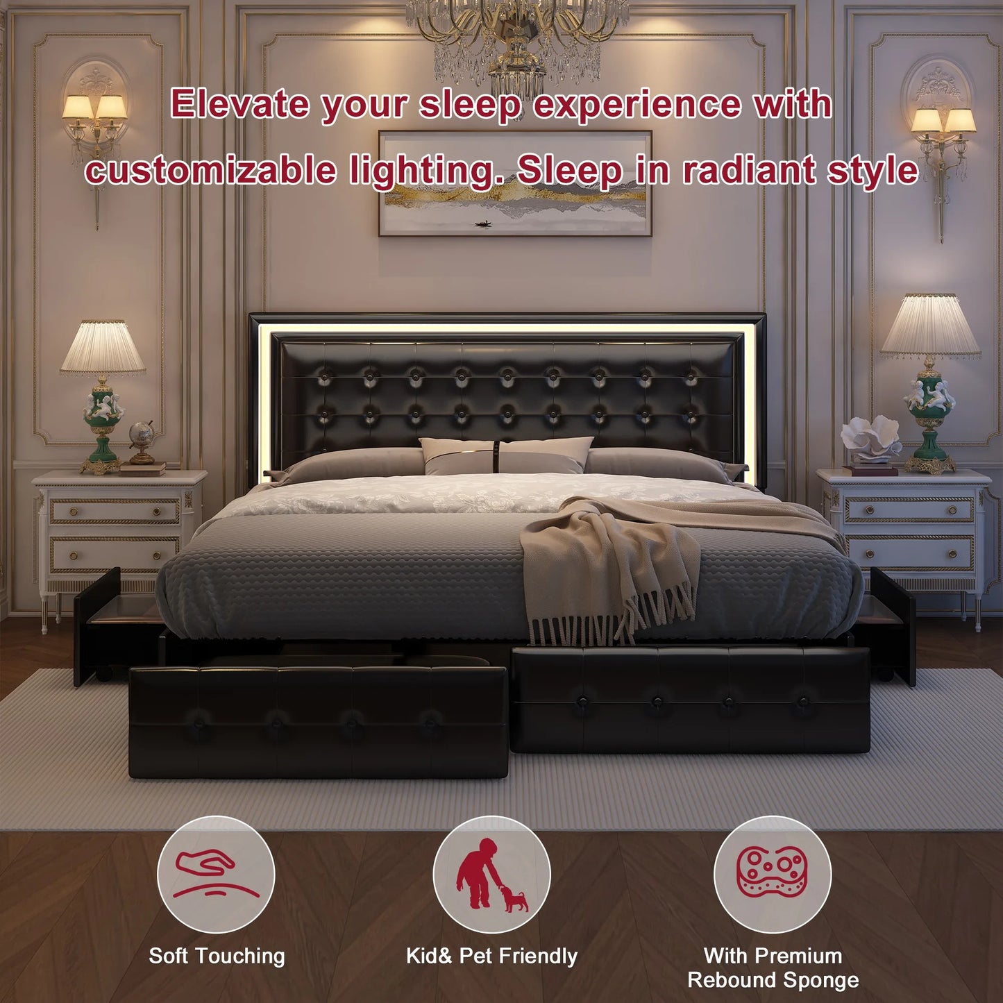 GEGOFORU Queen LED Bed Frame With 4 Storage Drawers Headboard