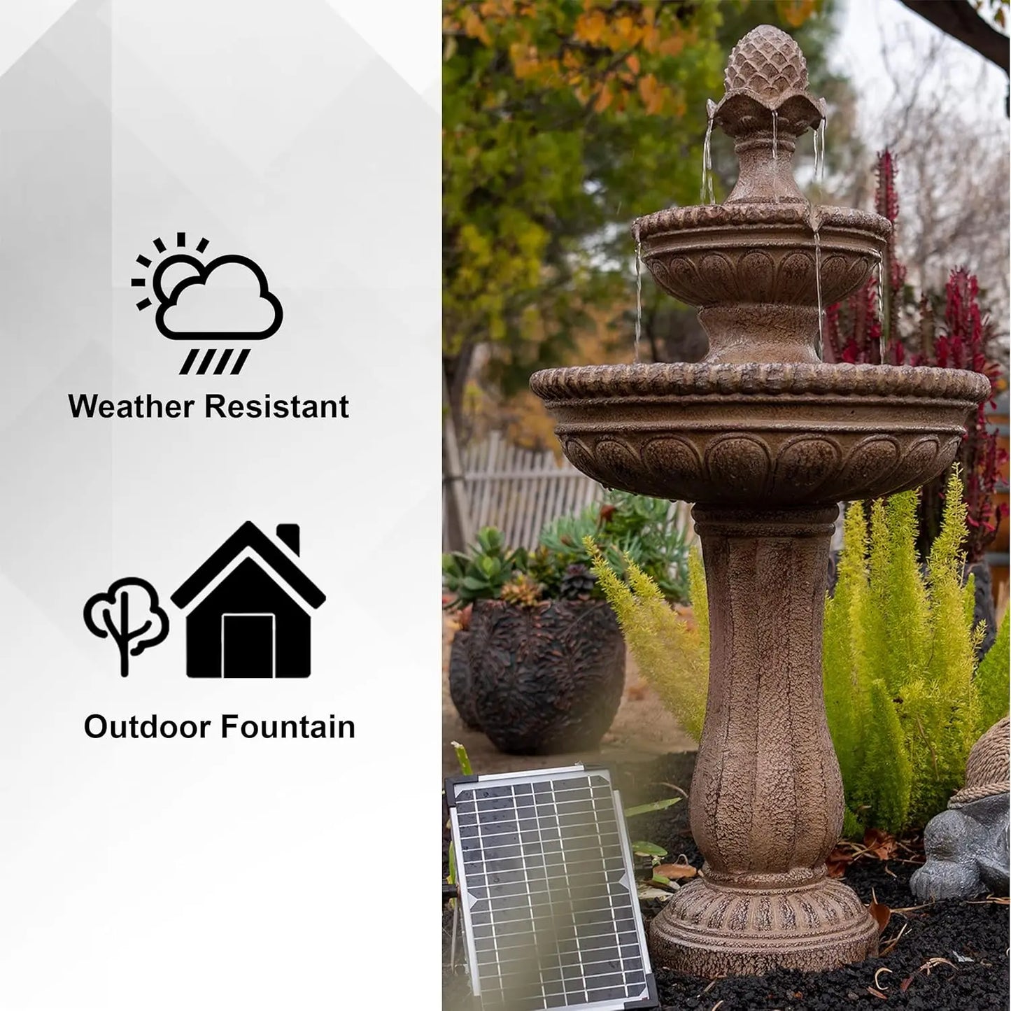 Solar Powered Two Tier Outdoor Water Fountain Sand Stone Resin