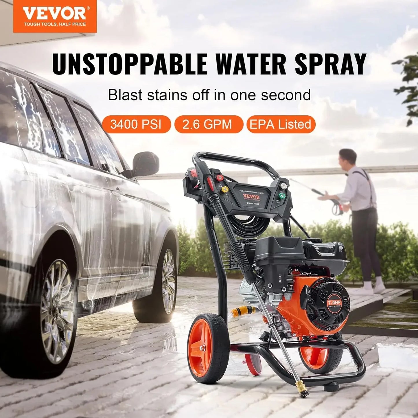 Gas Powered Pressure Washer 3400 PSI 2.6 GPM With Nozzles
