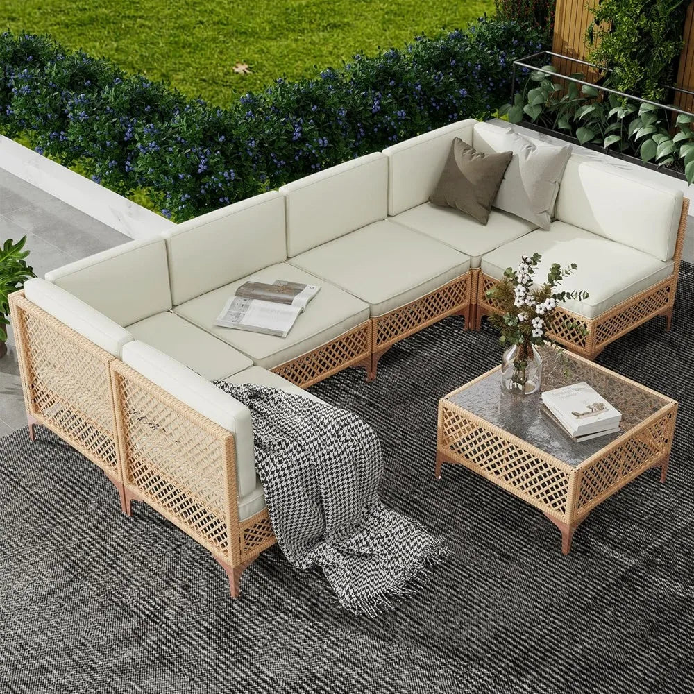 Outdoor Wicker Patio Furniture Set with Boho Sectional Sofa and Glass Coffee Table