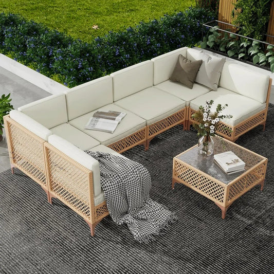 Outdoor Wicker Patio Furniture Set with Boho Sectional Sofa and Glass Coffee Table