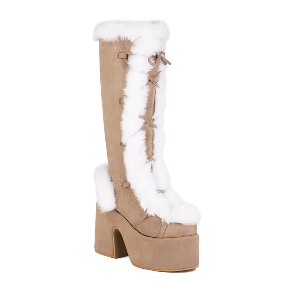 GIGIFOX Fur Platform Mid Calf Boots Women Faux Suede Zipper Lace Up