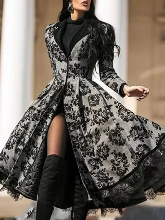 Women's Retro Floral Lace Patchwork Long Jacket With V Neck