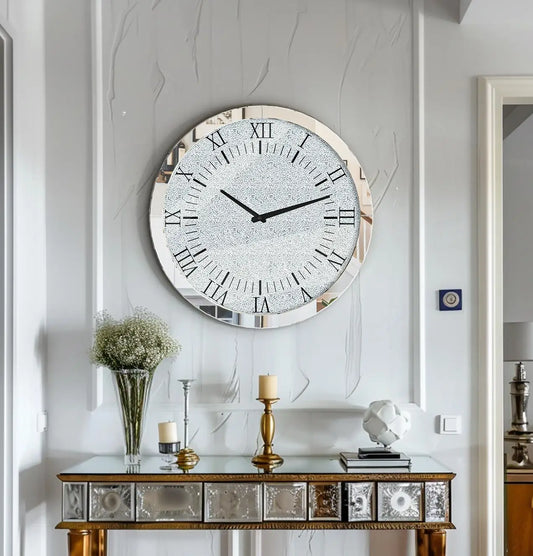 Crystal Diamond Mirrored Round Wall Clock Beveled Glass