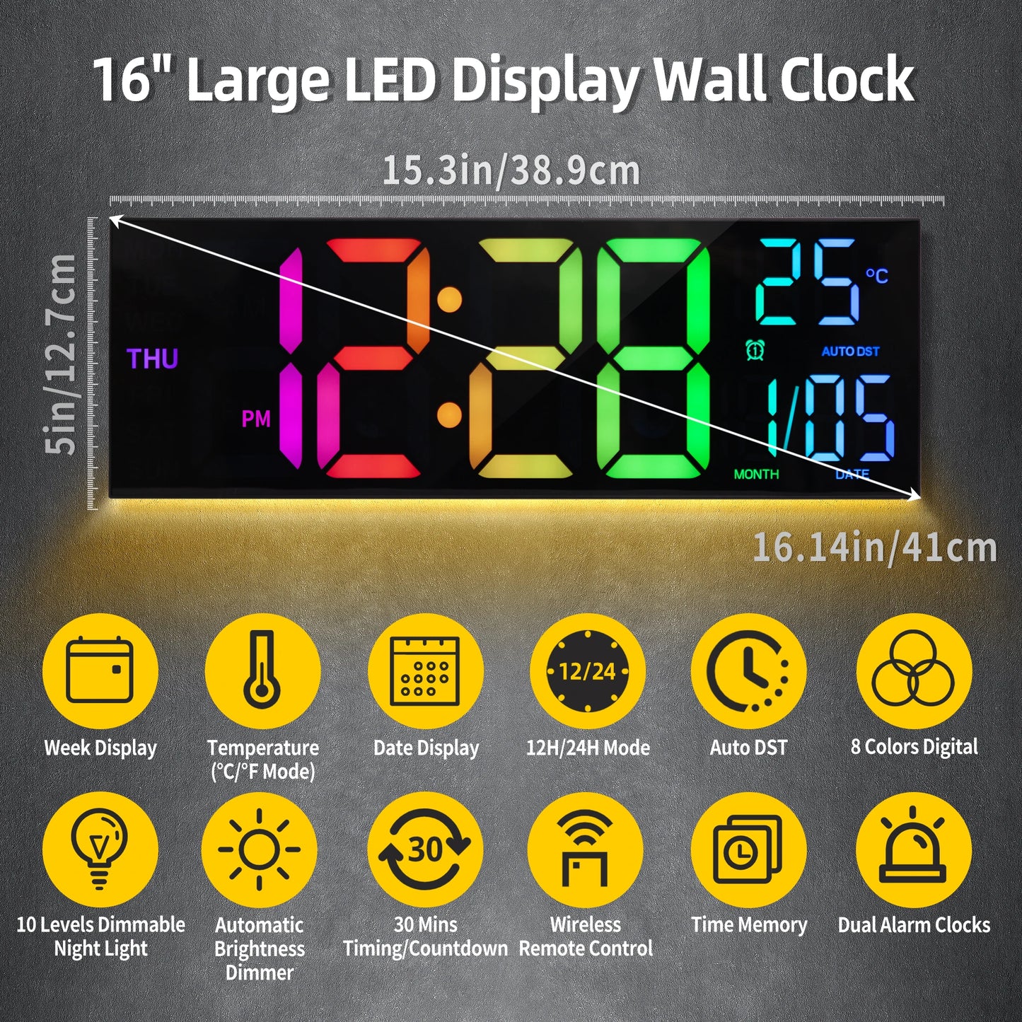 Digital Wall Clock with Large LED Display, Remote, Alarm, Temperature