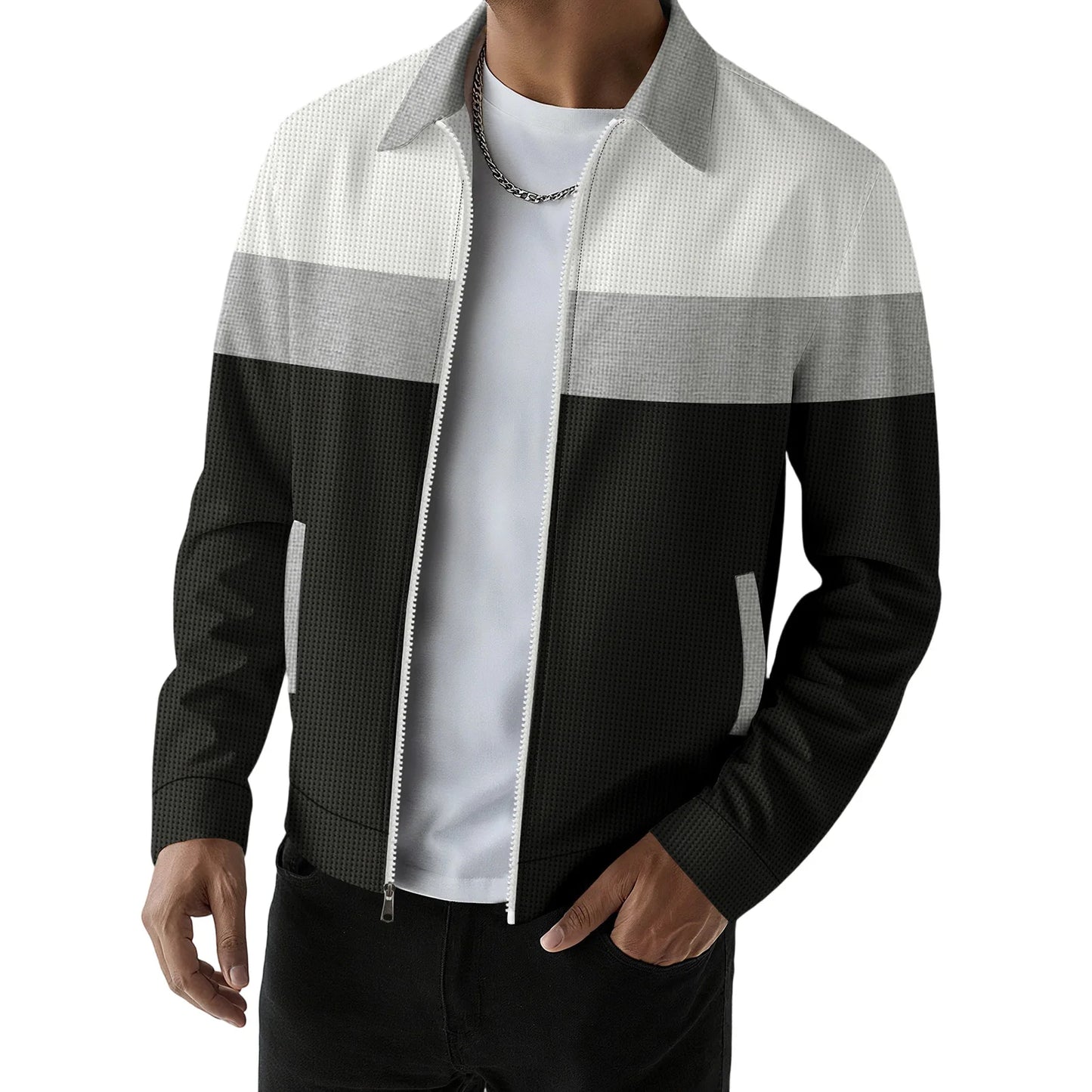 Guangdong Mens Casual Zip Up Jacket With Patchwork Design Pockets Lapel Collar