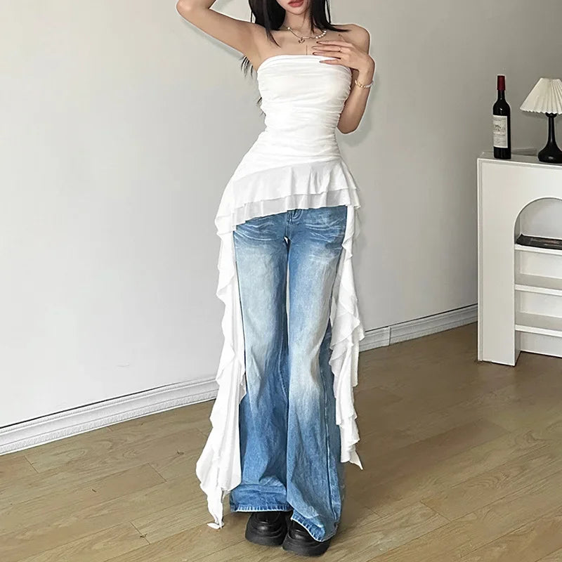 Nibber Tassel Vest Women Ruched Chest Wrap Cotton Blend