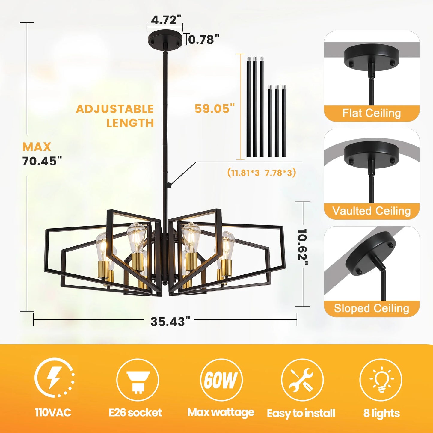 Modern Geometric Chandelier With Adjustable Height Pendant