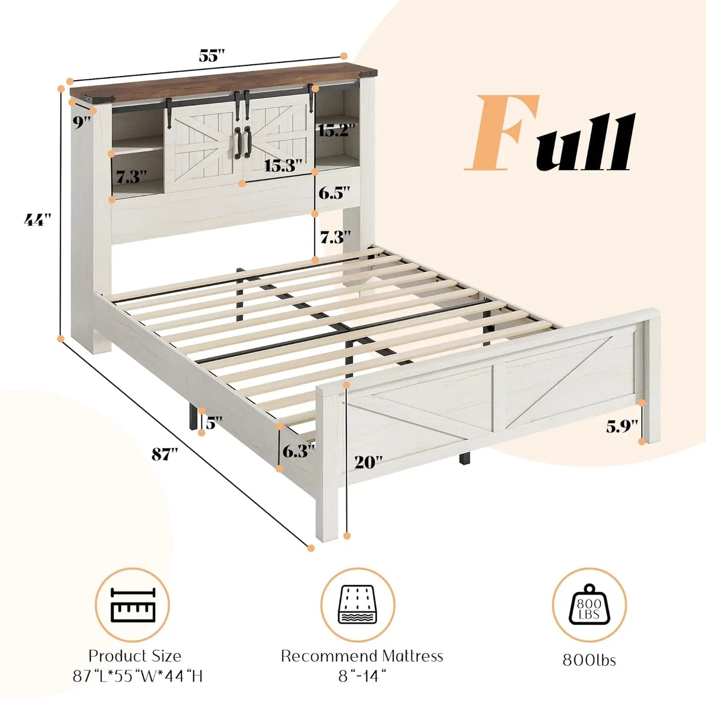 Rustic Wood Storage Bed Frame With Full Bookcase Headboard And Charging Station