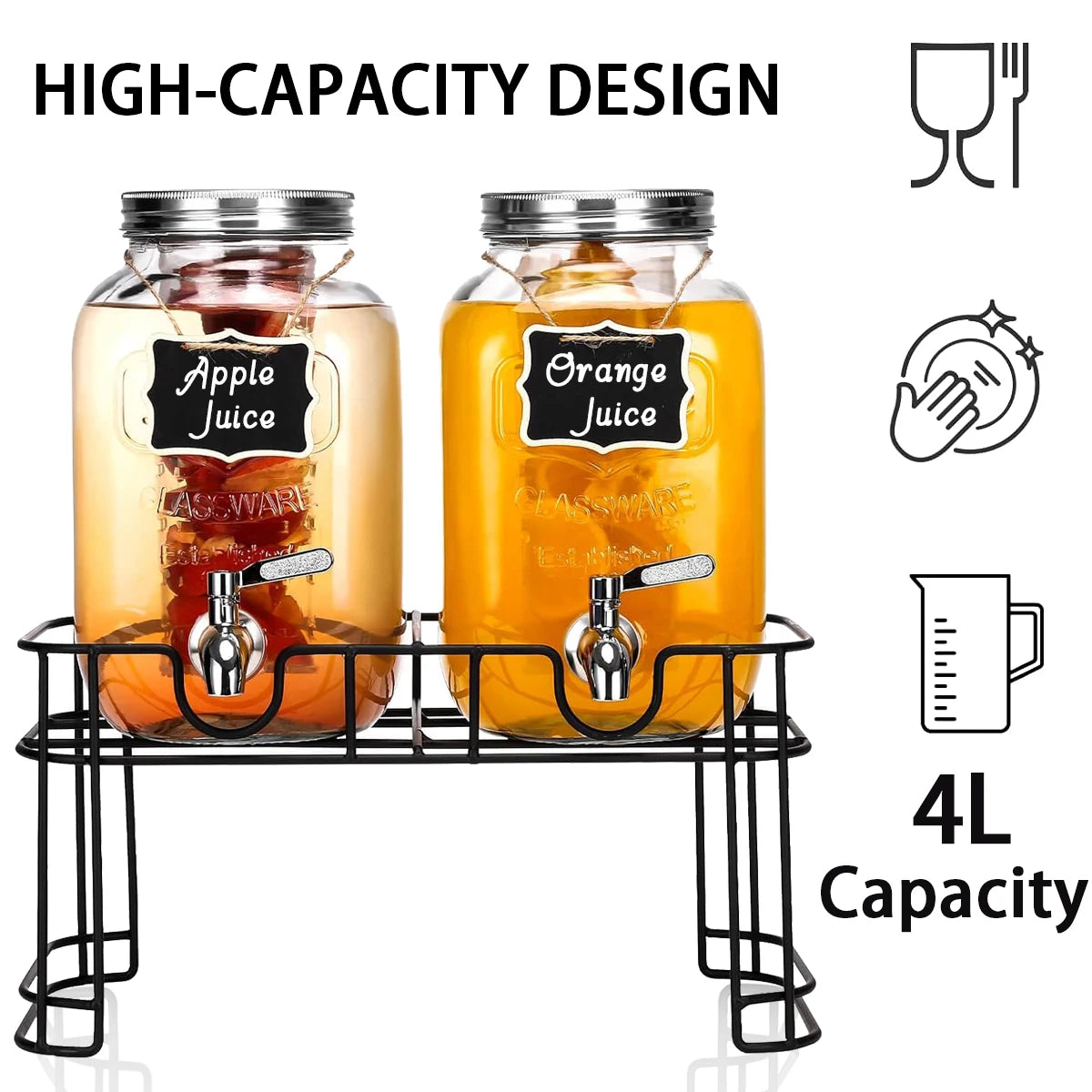 Two 1 Gallon Glass Drink Dispensers With Stand 304 Faucet