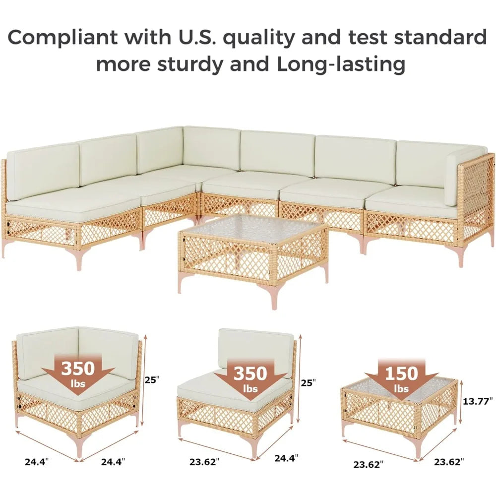 Outdoor Wicker Patio Furniture Set with Boho Sectional Sofa and Glass Coffee Table