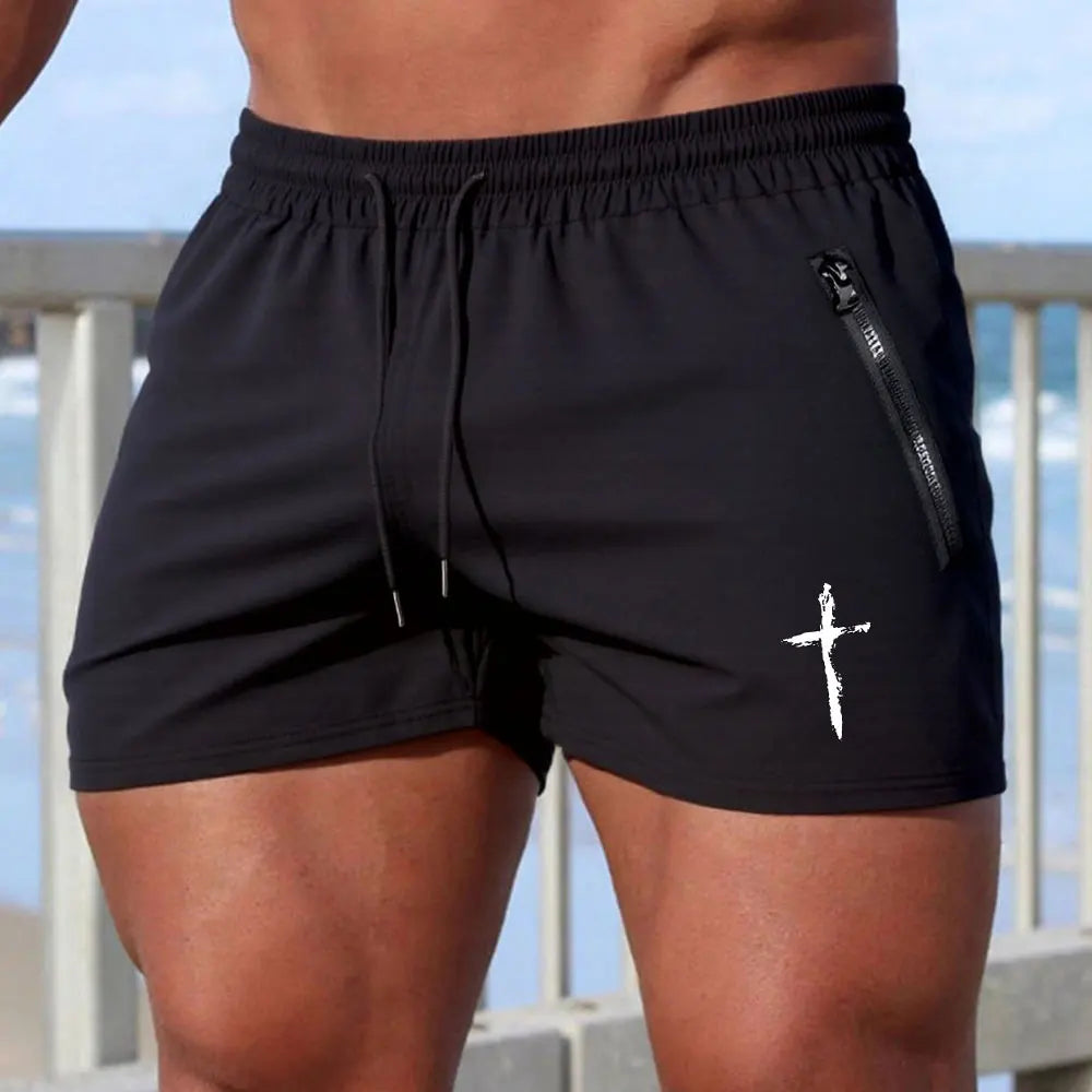 CN Men Cross Print Beach Shorts Quick Dry Zipper Pockets