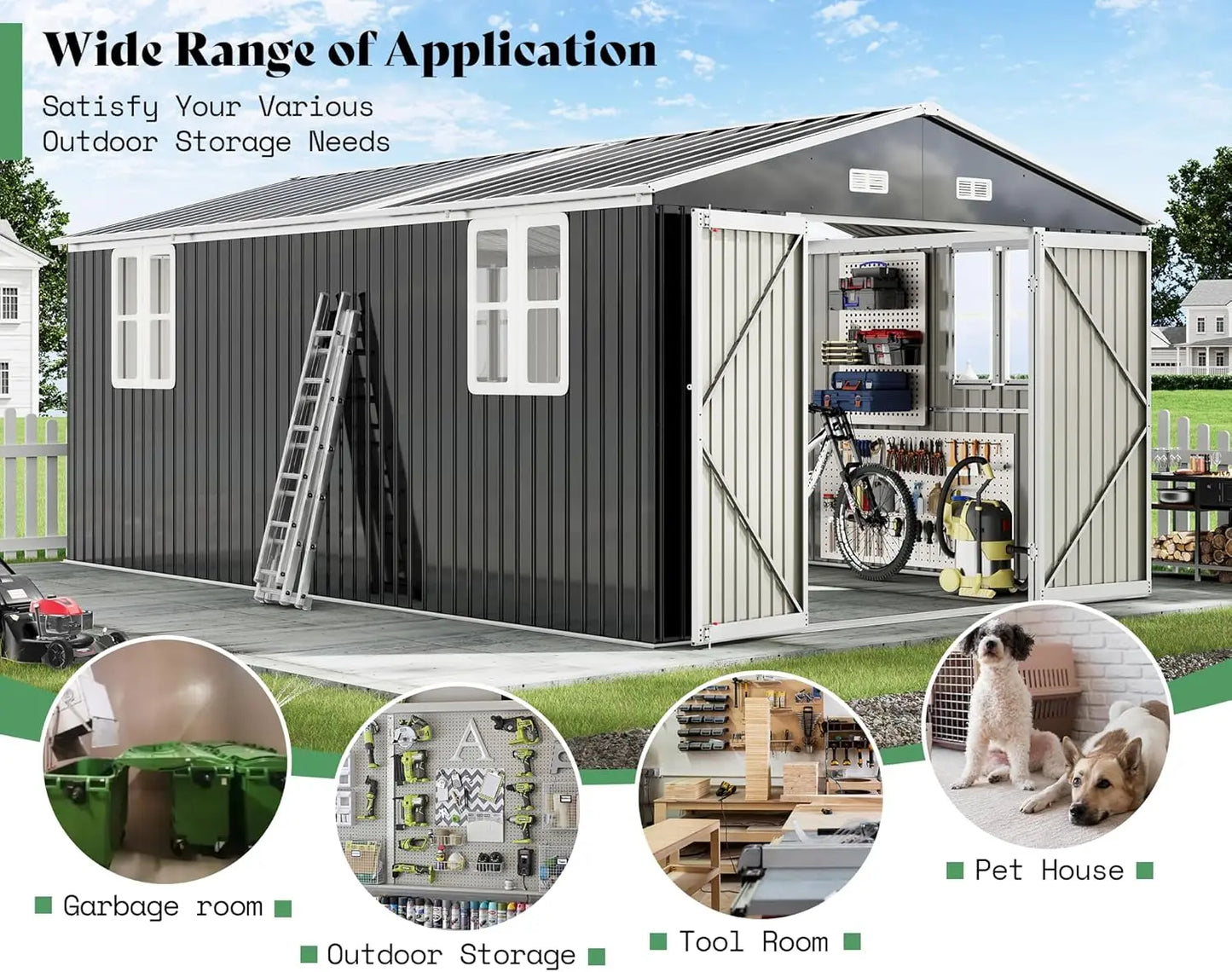 XMSJ Metal Storage Shed With Hinged Doors And Windows