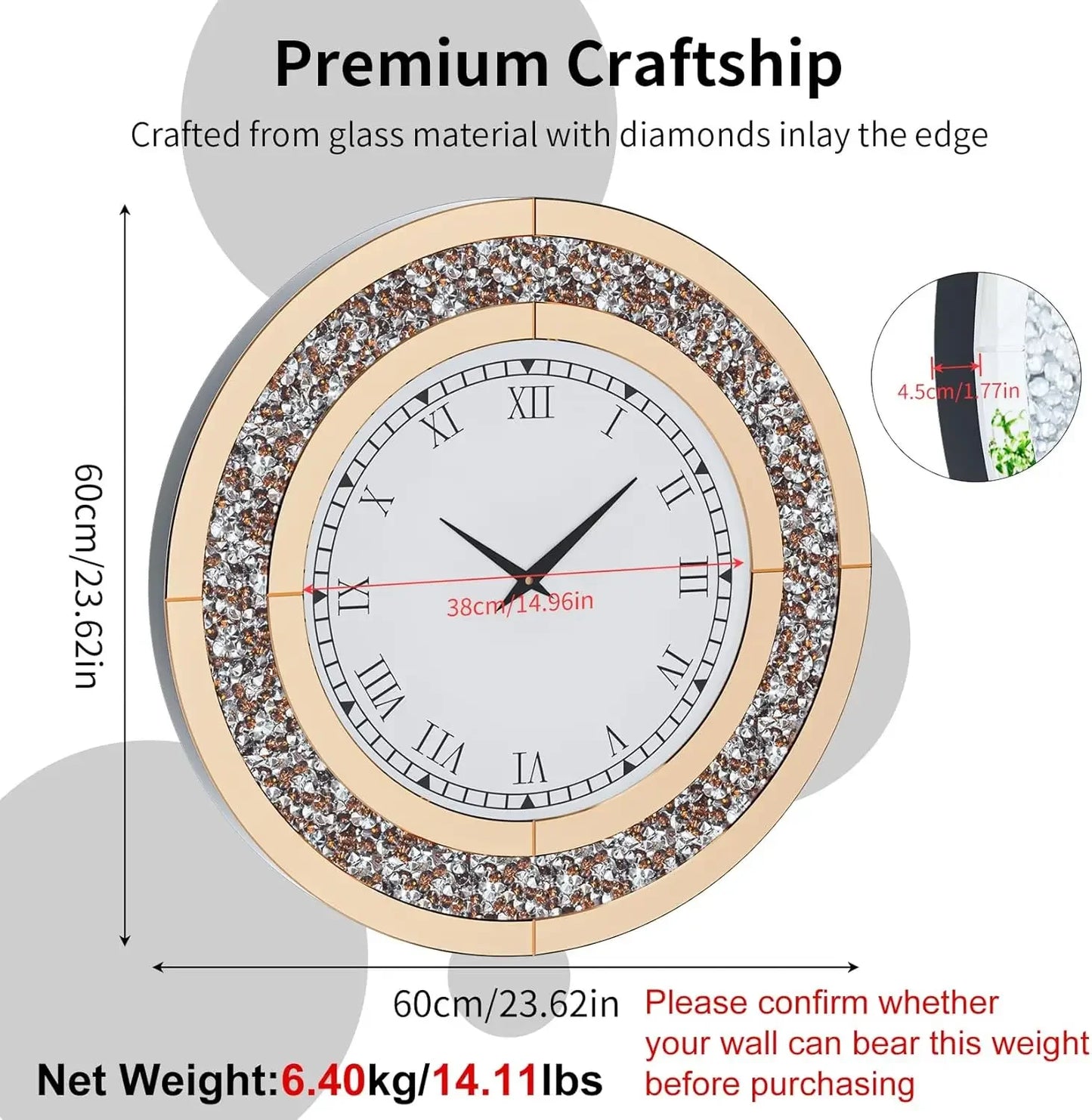 Round Crushed Diamond Wall Clock With Mirrored Surface