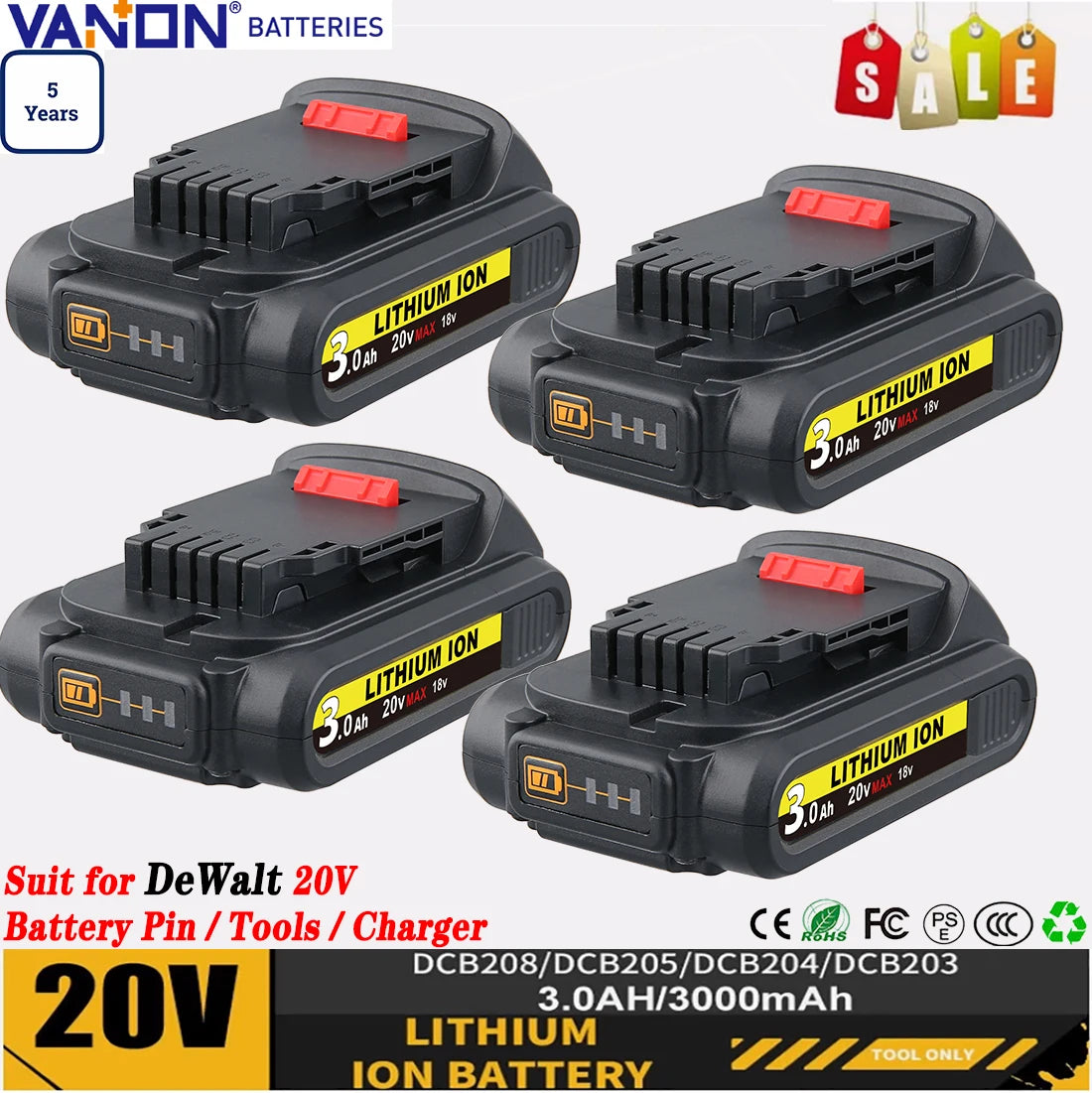 VANON 3Ah DCB201 LiIon Battery For Dewalt 20V Tools