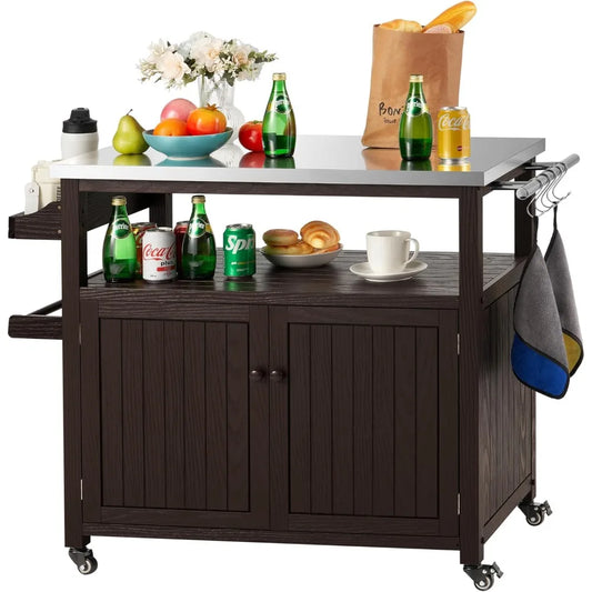 MKDK Outdoor Grill Table Solid Wood Storage Cabinet Rolling Island