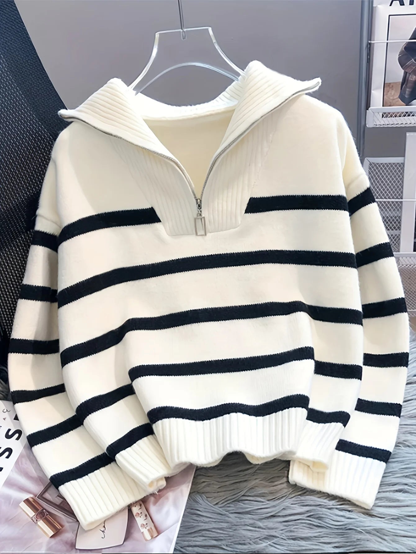 CakuloCN Autumn Winter Knit Striped Zipper Women's Pullover Sweater